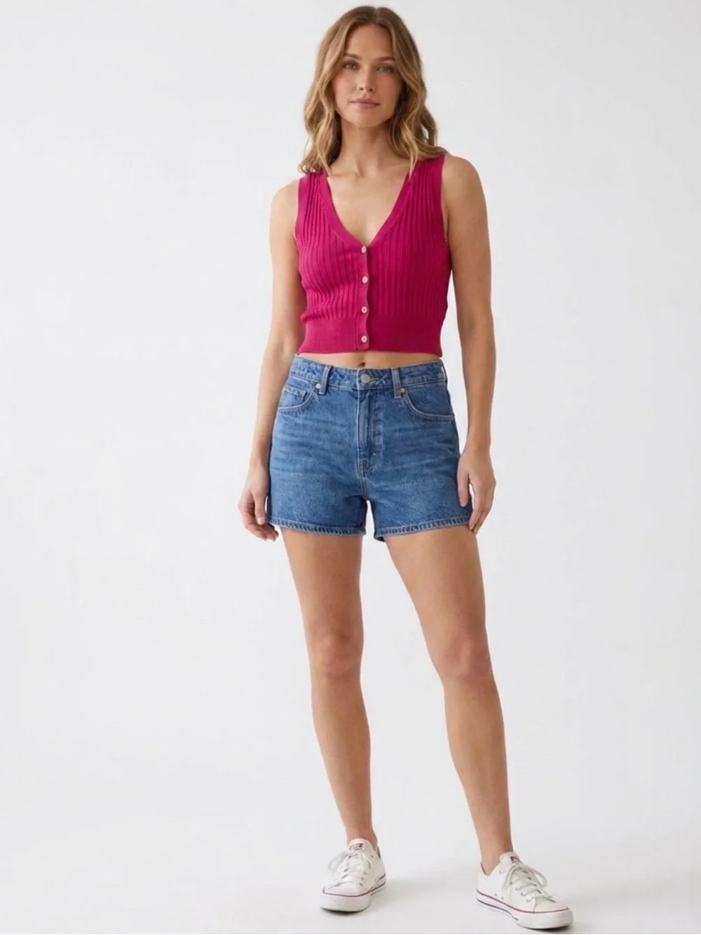 Free People Ribbed V-Neck Button Front Tank Top in Fuchsia